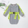 Toddler Girl Letter Print Webbing Design Irregular Hem Belted Dress Light Grey image 1