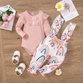 2pcs Baby Girl 95% Cotton Long-sleeve Rib Knit Ruffle Trim Romper and Allover Rainbow Print Overalls Set Pink image 1