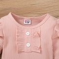 2pcs Baby Girl 95% Cotton Long-sleeve Rib Knit Ruffle Trim Romper and Allover Rainbow Print Overalls Set Pink image 3