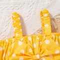 2pcs Baby Girl 100% Cotton Flared Jeans and Polka Dot Print Cold Shoulder Long-sleeve Bow Front Crop Top Set Yellow image 3