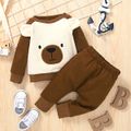 2pcs Baby Girl Bear Ears Decor Raglan-sleeve Embroidered Fleece Sweatshirt and Sweatpants Set Brown image 1