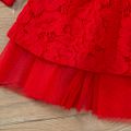 فستان حفلات للفتيات الصغيرات من الدانتيل الأحمر بأكمام طويلة مزين بحزام شبكي أحمر image 5