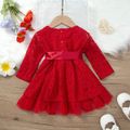 Baby Girl Red Lace Long-sleeve Belted Mesh Hem Party Dress Red image 2