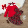 Christmas 3pcs Baby Girl 95% Cotton Long-sleeve Letter Print Romper and Red Plaid Ruffle Trim Suspender Skirt with Headband Set Red