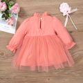 Baby Girl 100% Cotton Long-sleeve Frill Mock Neck Lace Spliced Mesh Party Dress Pink image 2