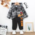2pcs Baby Boy Bear Embroidered Letter Print Plaid Hooded Long-sleeve Shirt Jacket and Sweatpants Set Black/White image 1