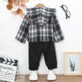 2pcs Baby Boy Bear Embroidered Letter Print Plaid Hooded Long-sleeve Shirt Jacket and Sweatpants Set Black/White image 2