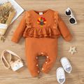 Thanksgiving Day Baby Girl 95% Cotton Long-sleeve Lace Ruffle Trim Jumpsuit Brown image 1