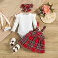 3pcs Baby Girl Solid Ribbed Ruffle Long-sleeve Romper and Red Plaid Overall Dress with Headband Set Red image 2