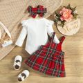 3pcs Baby Girl Solid Ribbed Ruffle Long-sleeve Romper and Red Plaid Overall Dress with Headband Set Red image 3
