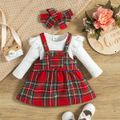 3pcs Baby Girl Solid Ribbed Ruffle Long-sleeve Romper and Red Plaid Overall Dress with Headband Set Red image 1