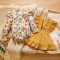 Baby 2pcs Floral Print Long-sleeve Romper and Yellow Corduroy Ruffle Suspender Skirt Set Multi-color image 1