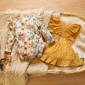 Baby 2pcs Floral Print Long-sleeve Romper and Yellow Corduroy Ruffle Suspender Skirt Set Multi-color image 2
