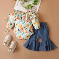 Baby 2pcs Floral Print Off Shoulder Ruffle Long-sleeve Romper and Denim Flared Pants Set Multi-color