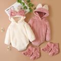 Baby 3pcs Pink/White Solid Long-sleeve Hooded Flannel Romper with Socks Set White image 2
