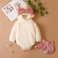 Baby 3pcs Pink/White Solid Long-sleeve Hooded Flannel Romper with Socks Set White image 1