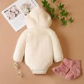 Baby 3pcs Pink/White Solid Long-sleeve Hooded Flannel Romper with Socks Set White image 4