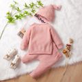 3pcs Baby Solid Waffle Button Down Long-sleeve Outfits Set Pink image 3