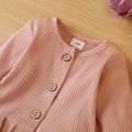 2pcs Baby Solid Ruffle Long-sleeve Button Down Ribbed Cotton Top and Bell Bottom Pants Set Pink