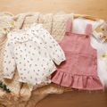 2pcs Baby Floral Print Ruffle Long-sleeve Corduroy Romper and Overall Dress Set Pink