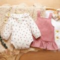 2pcs Baby Floral Print Ruffle Long-sleeve Corduroy Romper and Overall Dress Set Pink image 3