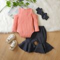 3pcs Baby Off Shoulder Long-sleeve Ribbed Romper and Bell Bottom Jeans Set Pink