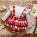 2pcs Baby Ribbed Long-sleeve Splicing Red Plaid Ruffle Romper Set Red