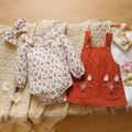 3pcs Baby Floral Print Long-sleeve Ruffle Romper and Fox Embroidered Corduroy Overall Dress Set Multi-color