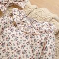 3pcs Baby Floral Print Long-sleeve Ruffle Romper and Fox Embroidered Corduroy Overall Dress Set Multi-color