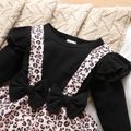 Baby Girl Black Ribbed Ruffle Long-sleeve Splicing Leopard Romper Dress Black