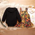 2pcs Baby Girl Solid Ribbed Long-sleeve Romper and Leaves Print Overall Dress Set Multi-color