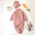 2pcs Baby Boy/Girl Solid Waffle Button Long-sleeve Jumpsuit Set Pink