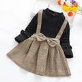 Plaid Print Faux-two Bowknot Decor Long-sleeve Baby Dress Black