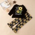 2-piece Baby / Toddler Girl Sunflower Letter Print Ruffled Long-sleeve Top and Allover Pants Set Black