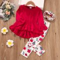 3-piece Toddler Girl Ruffle Hem Long Bell sleeves Red Top, Santa Christmas Tree Print Pants and Scarf Set Red