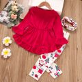 3-piece Toddler Girl Ruffle Hem Long Bell sleeves Red Top, Santa Christmas Tree Print Pants and Scarf Set Red