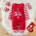 Baby 2pcs Christmas Letter Print and Striped Red Long-sleeve Jumpsuit Set Red