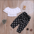 2-piece Fashionable Off Shoulder Pompon Flounced Top and Polka Dots Pants Set Black/White image 2