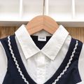 Toddler Girl Fake Two Piece Button Design Preppy style Long-sleeve Pleated Dress Navy