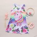 Kid Girl Pretty Unicorn and Flower Print Sleeveless Dress Multi-color image 1