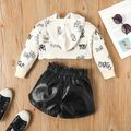 2pcs Toddler Girl Letter Print Hooded Sweatshirt and Faux Leather Black Shorts Set Black