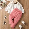 2pcs Toddler Girl Sweet Bowknot Design Cold Shoulder Lace Blouse and Red Plaid Pants Set Color block