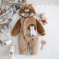Baby Boy Lion & Letter Embroidered 3D Ears Hooded Long-sleeve Thermal Fuzzy Jumpsuit Brown image 1