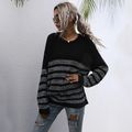 Black Striped Round Neck Long-sleeve Sweaters Black