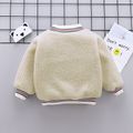 Ribbed Splice Fluffy Bear Decor Fleece-lining Long-sleeve Beige or Yellow or Blue Toddler Pullover Top Beige