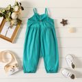 100% Cotton Baby Girl Button Design Solid Spaghetti Strap Jumpsuit Emerald