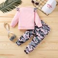 2-piece Toddler Girl Ruffle Letter Print Long-sleeve Tee and Camouflage Print Pants Set Pink image 1