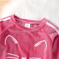 2-piece Toddler Girl Cat Pattern Striped Velvet Pullover and Pants Set Light Pink