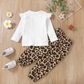 2-piece Toddler Girl Ruffled Cat Print Bowknot Design Long-sleeve Top and Leopard Print Paperbag Pants Set White
