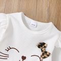 2-piece Toddler Girl Ruffled Cat Print Bowknot Design Long-sleeve Top and Leopard Print Paperbag Pants Set White